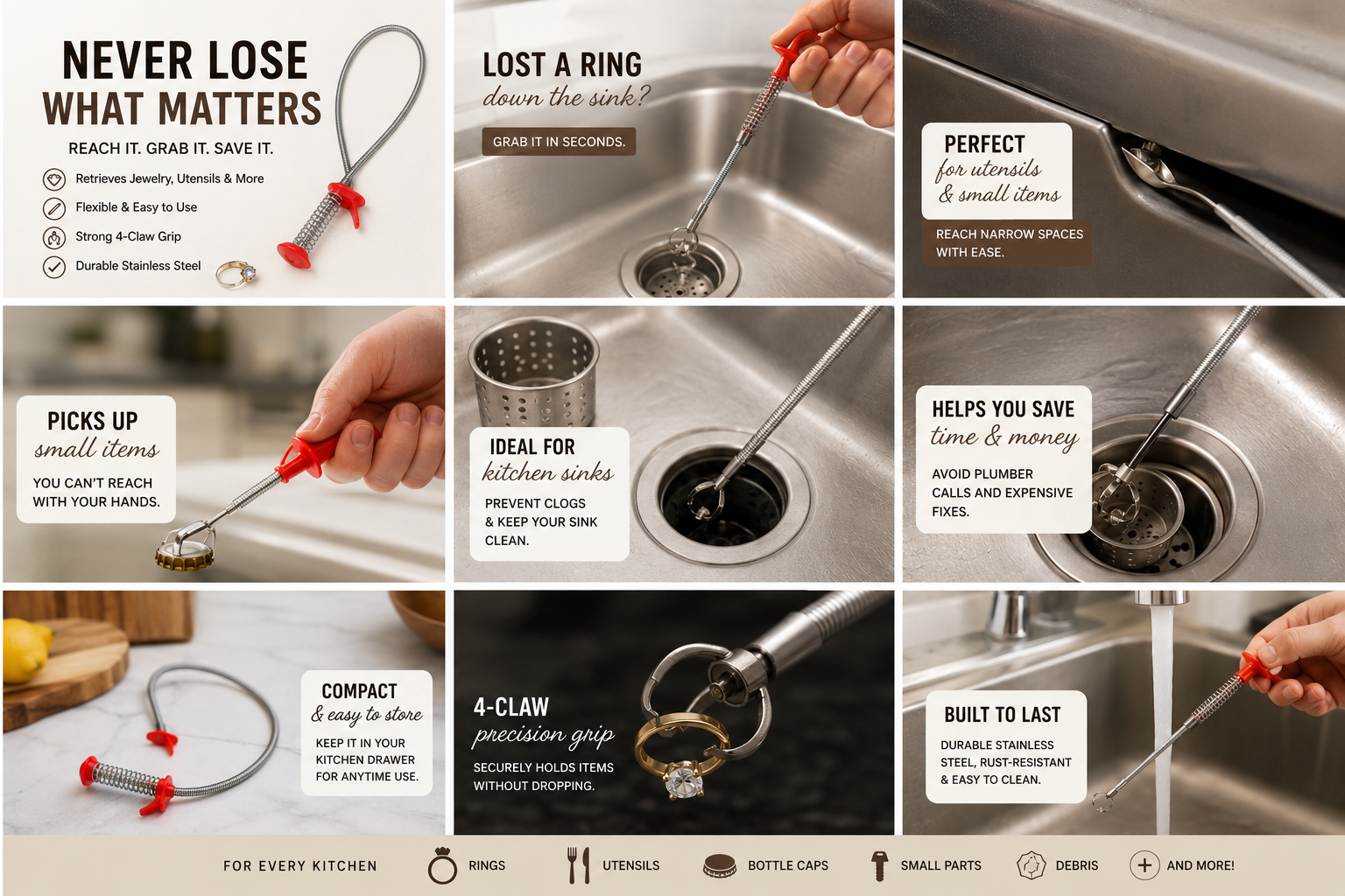 Pince flexible cuisine récupérant bague et ustensiles tombés – FRUNIE