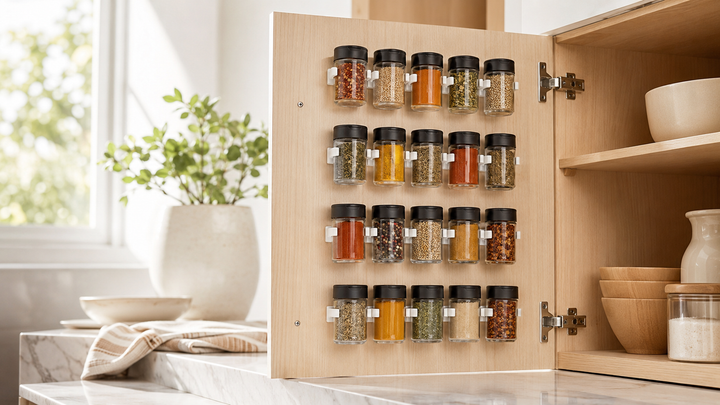 Bouteilles épices organisées sur bandes adhésives murales – cuisine rangée – FRUNIE