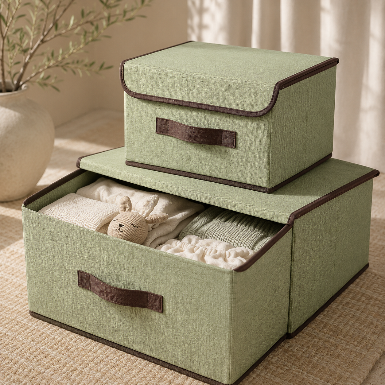 Boîte rangement tissu non-tissé ouverte – intérieur renforcé carton – FRUNIE