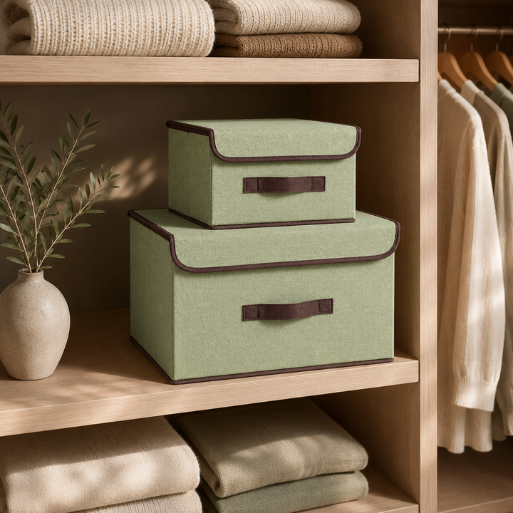 Boîtes de rangement tissu empilées dans placard chambre – organisation garde-robe – FRUNIE